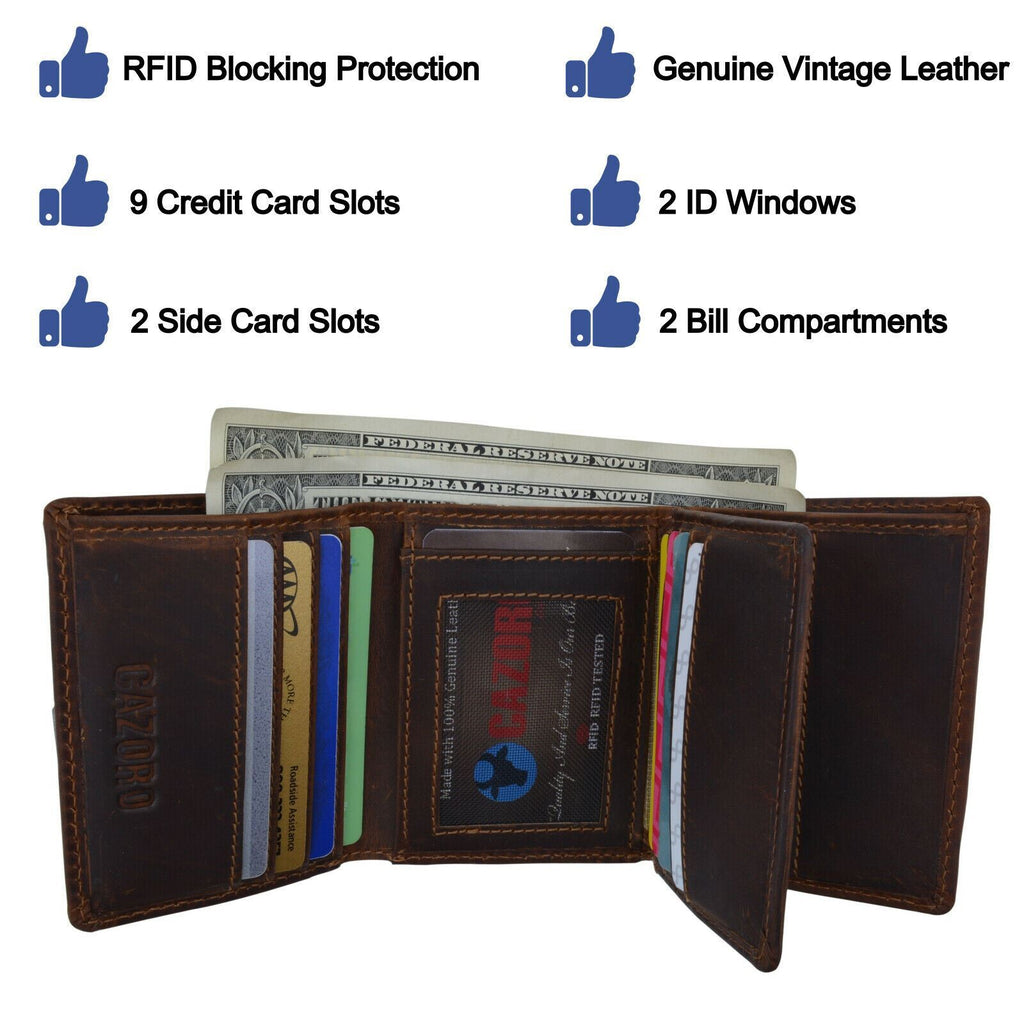 Cazoro Mens RFID Blocking Hunter Leather Credit Card ID Trifold Wallet