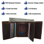 Cazoro Mens RFID Blocking Hunter Leather Credit Card ID Trifold Wallet