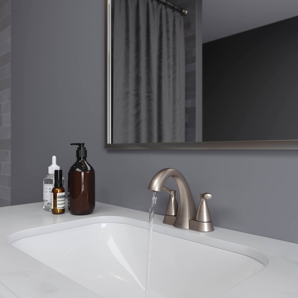 Masey Brushed Nickel 4-In Centerset 2-Handle Bathroom Sink Faucet with Drain Included with Deck Plate Included