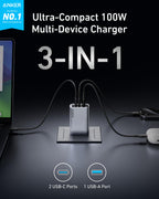 Anker Ultra-Compact 100W multi-device fast charger with 2 USB-C ports and 1 USB-A port connected to devices.