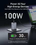 Anker Prime Charger 100W multi-device fast charger showing USB-C ports and MacBook charging specs.