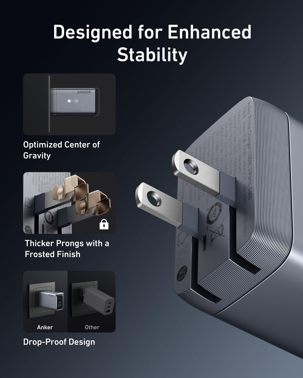Anker Prime Charger showing features like optimized center of gravity and enhanced stability for 100W multi-device fast charger.
