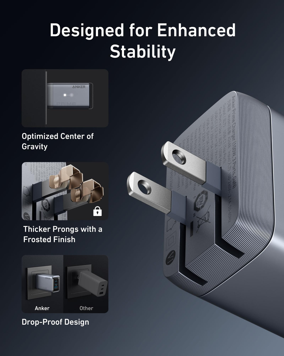 Anker Prime Charger showing features like optimized center of gravity and enhanced stability for 100W multi-device fast charger.