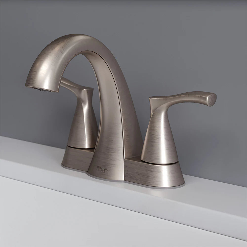 Masey Brushed Nickel 4-In Centerset 2-Handle Bathroom Sink Faucet with Drain Included with Deck Plate Included