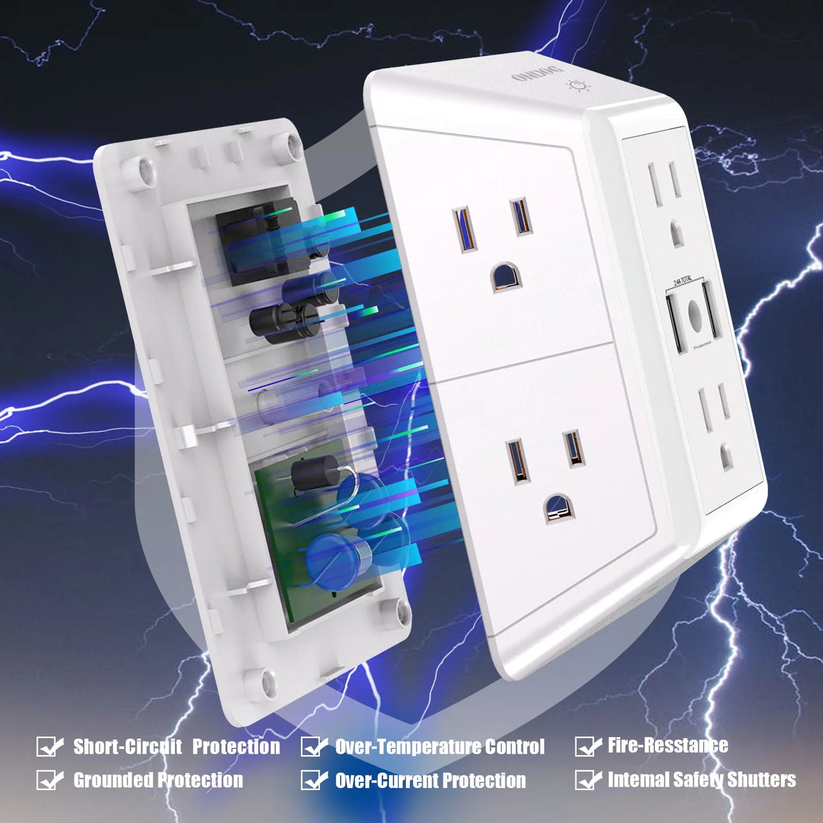 3 Sided Outlet Extender 6 Outlets with 2 USB Ports, Multi Plug Outlet Splitter for Home, Office