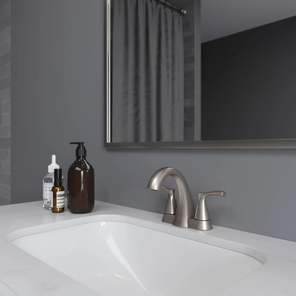Masey Brushed Nickel 4-In Centerset 2-Handle Bathroom Sink Faucet with Drain Included with Deck Plate Included