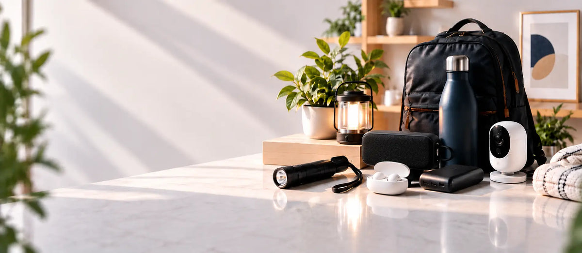 Everyday essentials on a marble table: camping lantern, flashlight, portable speaker, water bottle, power bank, earbuds, security camera and backpack